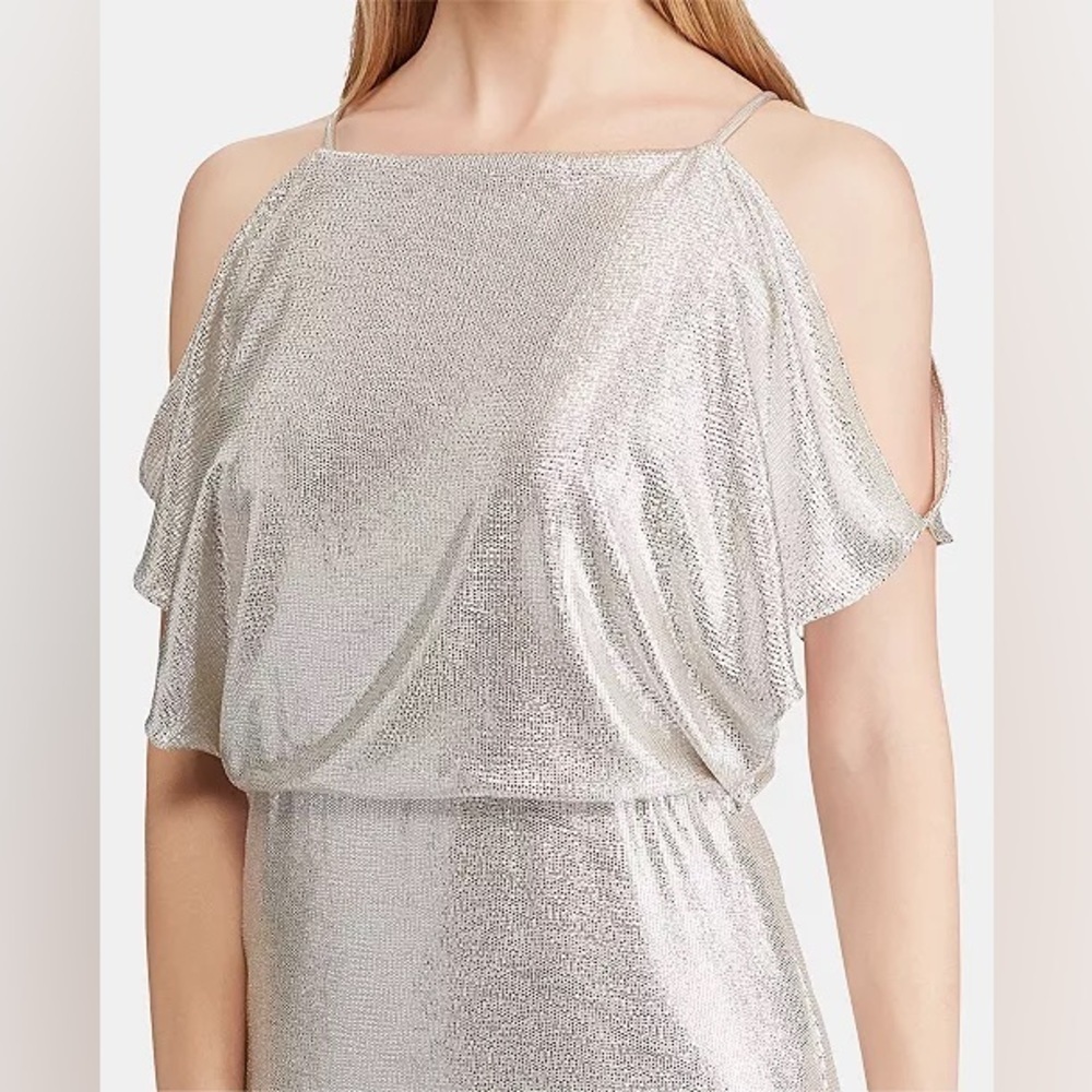 NEW Lauren Ralph Lauren Metallic Cold Shoulder Gown Champagne Formal Size 4 NWT - Picture 3 of 10